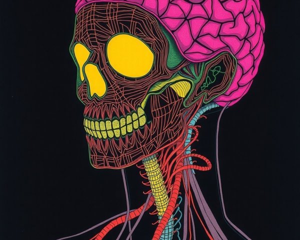 Vibrant Neon Skull and Brain with Colorful Nerves