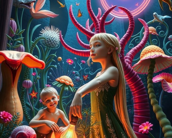 Mystical forest scene with glowing flowers and creatures