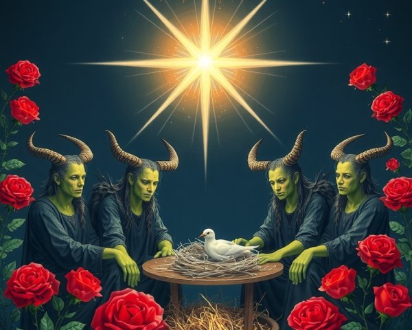 Horned Figures in Mystical Setting with Nature Elements