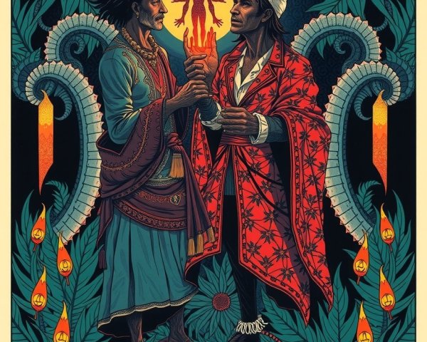 Figures in Traditional and Red Robes Amidst Vibrant Patterns