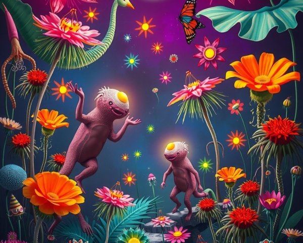 Whimsical Creatures in an Enchanted Garden Scene