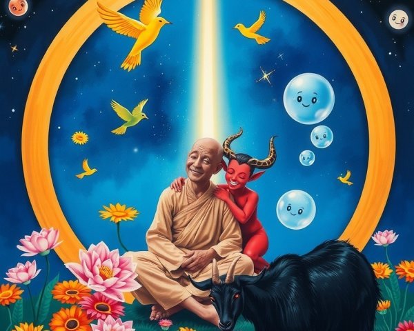 Surreal Scene with Serene Figure and Playful Devil
