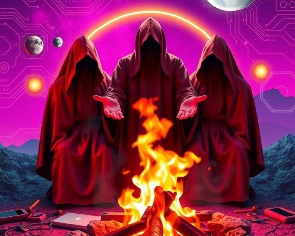 Cosmic Gathering of Hooded Figures by Campfire