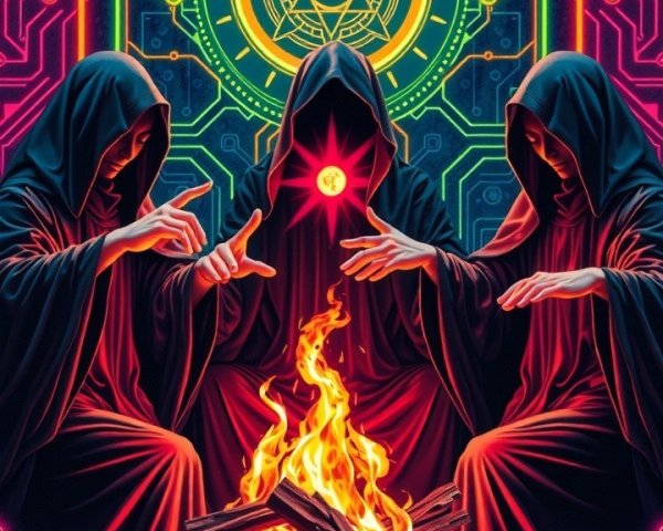 Cloaked Figures Performing Ritual by a Fire with Symbols
