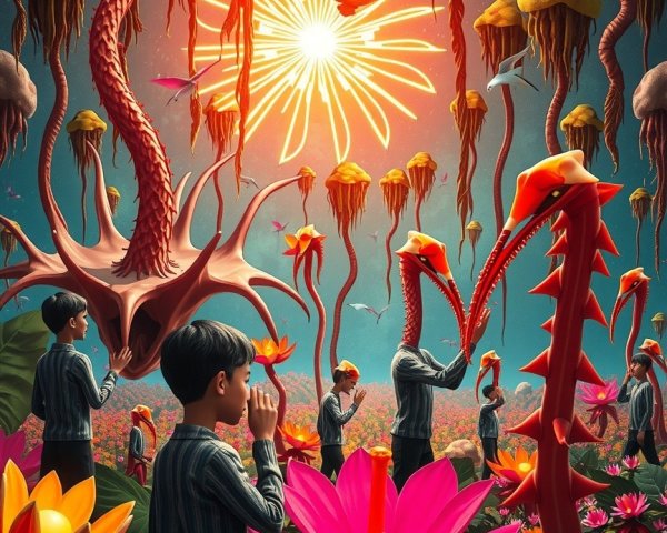 Surreal Landscape with Vibrant Plants and Children