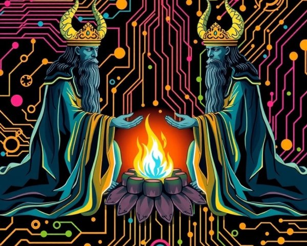Mystical Figures in Crowns Around a Colorful Fire