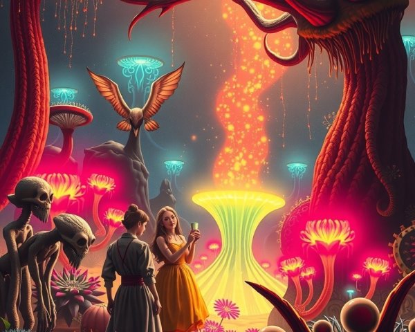 Surreal Landscape with Luminescent Mushrooms and Figures