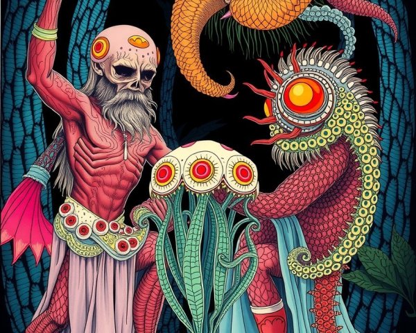 Surreal Illustration of a Skeletal Figure and Creatures