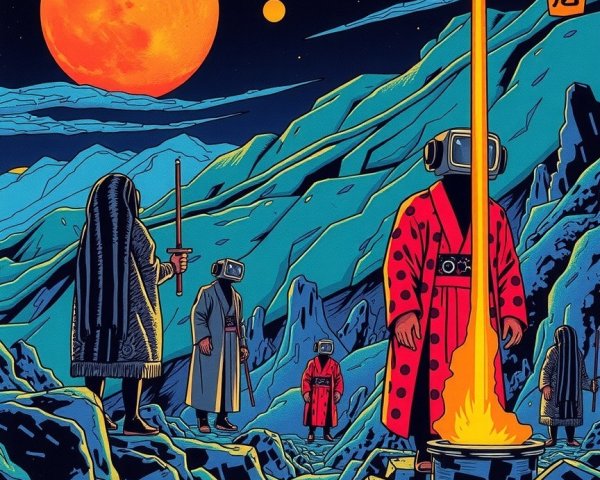 Surreal Landscape with Futuristic Figures and Red Moon