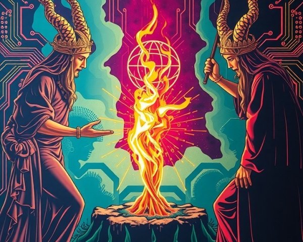 Horned Figures in Ritual Around Vibrant Flame