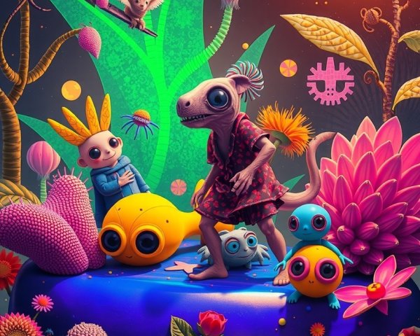 Colorful Whimsical Scene with Unique Creatures and Flora
