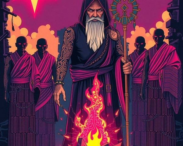 Mystical Figure with Staff Surrounded by Shadowy Figures