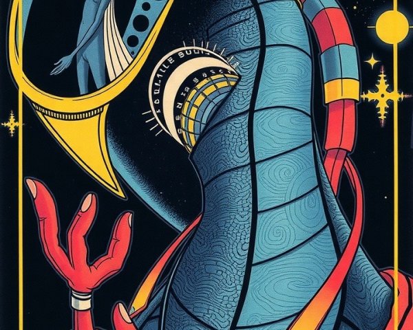 Surreal Illustration of Humanoid Figure in Cosmic Scene