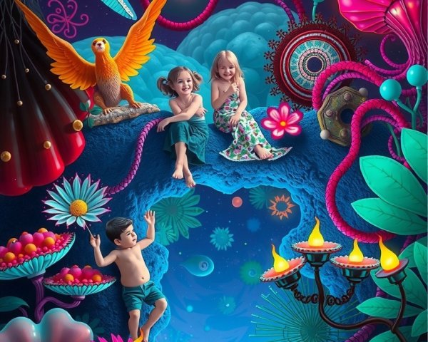 Children Exploring a Colorful Surreal Landscape