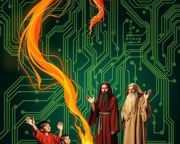 Group around fire with vibrant heart and circuitry