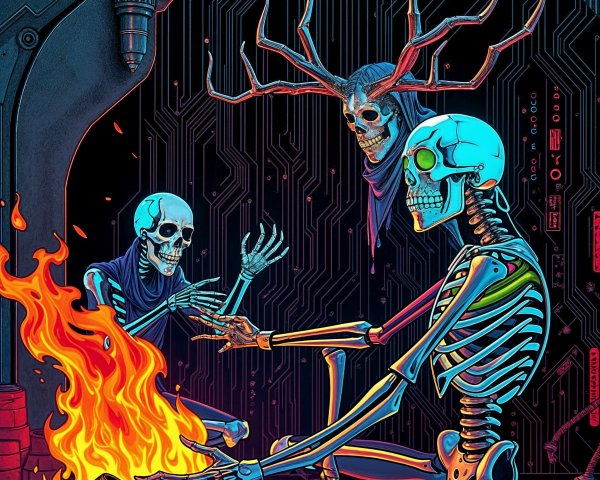 Skeletal Figures by Fire in a Neon Background