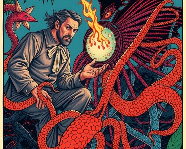 Jungle Scene with Man, Glowing Orb, and Creatures