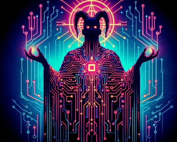 Cloaked figure with neon circuit patterns and halo