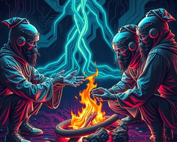 Cyberpunk Scene with Figures Around Digital Fire