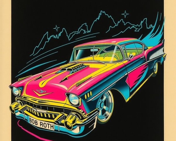 Vibrant 1957 Car Illustration with Bold Colors and Effects
