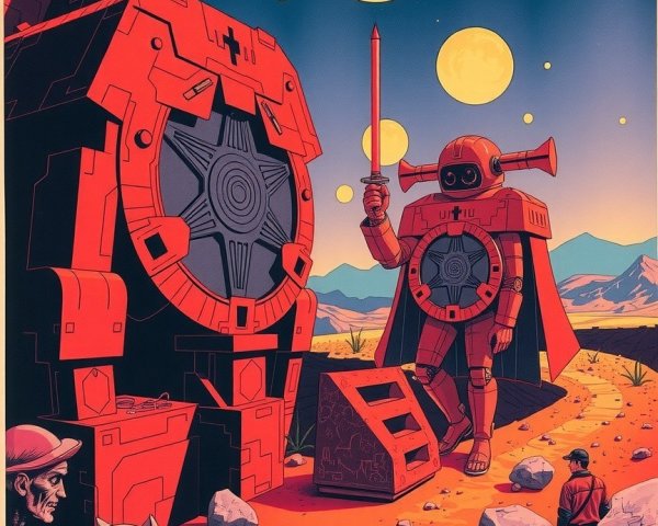 Surreal Desert Landscape with Armored Figure and Ruins