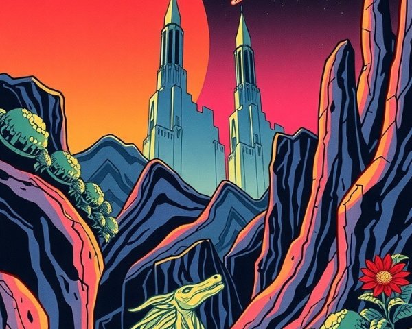 Surreal Landscape with Futuristic Creatures and Skies