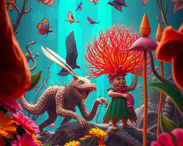 Whimsical Landscape with Colorful Flora and Creatures