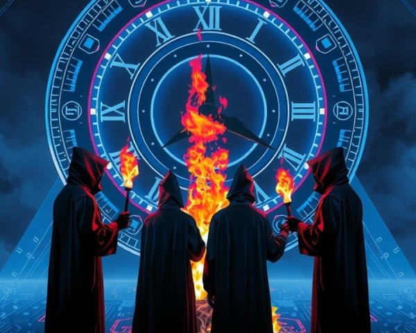 Hooded Figures in Circle with Flames and Digital Clock