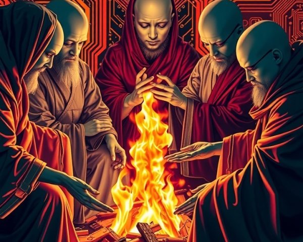 Hooded Figures Contemplating Fire Amid Circuit Patterns