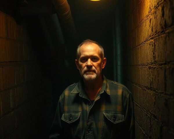 Dark Portrait of Older Man in Dim Corridor