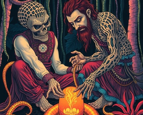 Mystical Forest Ritual with Skeleton and Bearded Man