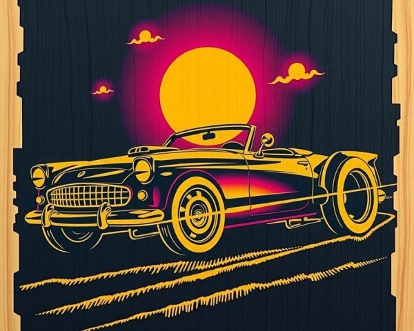 Retro Convertible Car Illustration with Sunset Backdrop