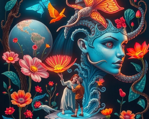 Surreal Scene of Ethereal Face in Colorful Garden