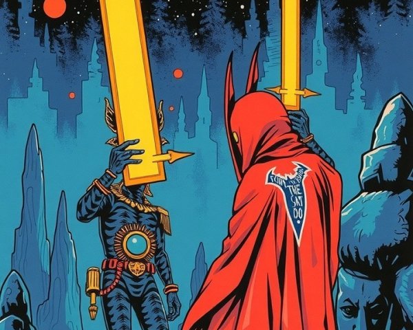 Armored Figures in Cosmic Standoff on Rocky Terrain