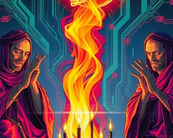 Cloaked Figures in Prayer on Digital Circuitry Background