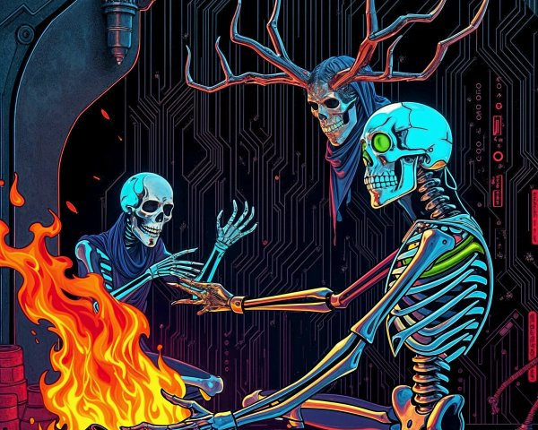 Surreal Scene of Skeletons by a Fire with Circuitry