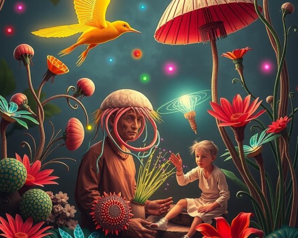 Elder and Child in a Magical Forest Setting