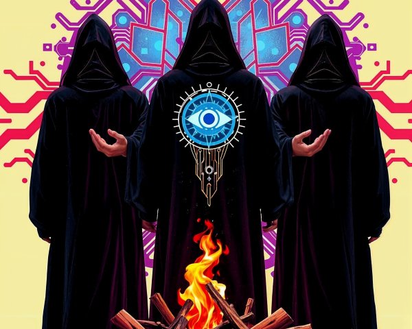 Hooded Figures in Triangle with Abstract Circuit Backdrop