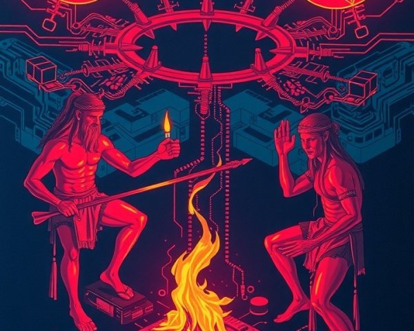 Figures with Torch and Hand by Vibrant Fire and Moon