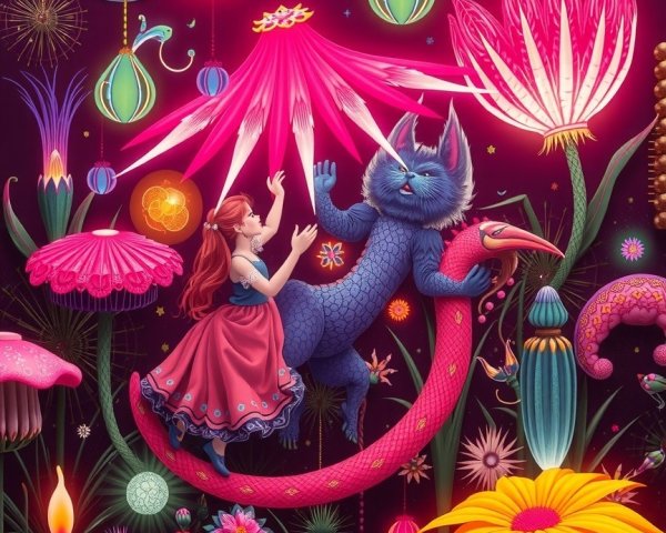 Enchanted garden with girl, blue creature, and flowers