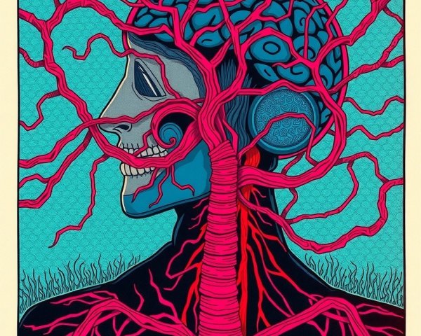 Surreal Human Head with Skull and Three Eyes