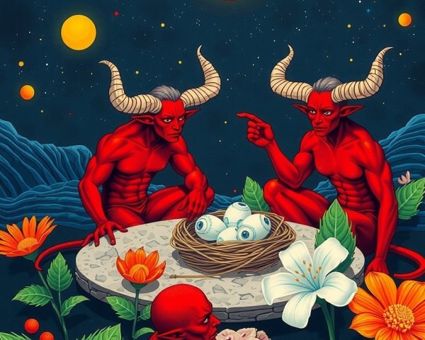 Cosmic Landscape with Horned Figures and Unique Eggs