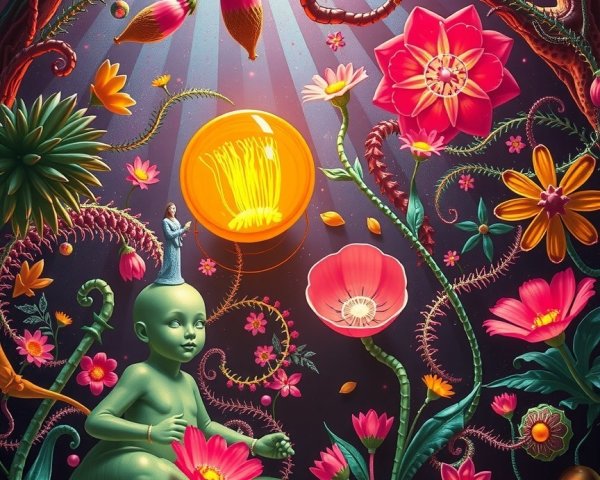 Surreal Scene with Cherubic Figure and Vibrant Flora