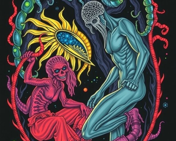 Surreal Illustration of Skeletal Figures in Cosmic Scene