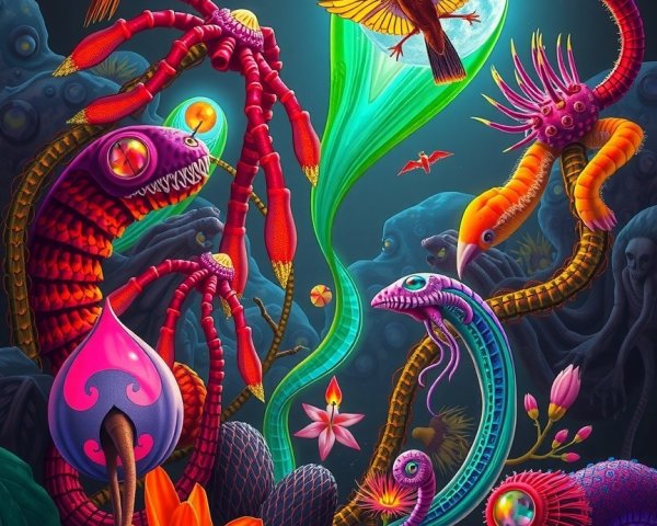 Surreal Scene with Colorful Creatures and Flora