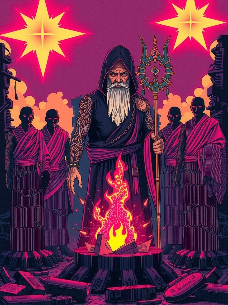 Mystical Figure with Staff Surrounded by Shadowy Figures