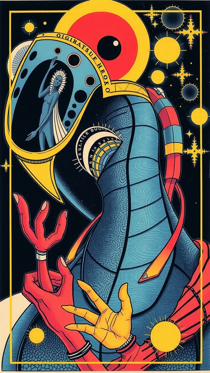 Surreal Illustration of Humanoid Figure in Cosmic Scene