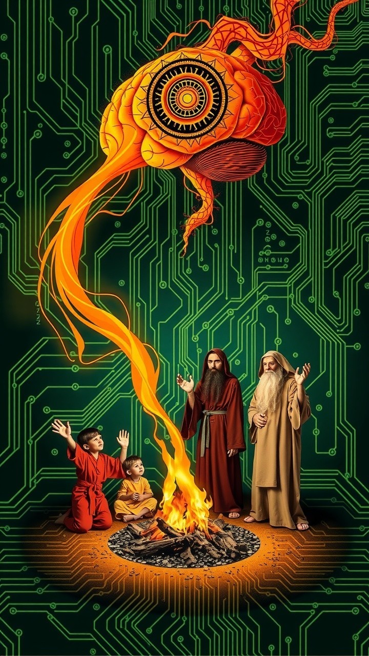 Group around fire with vibrant heart and circuitry