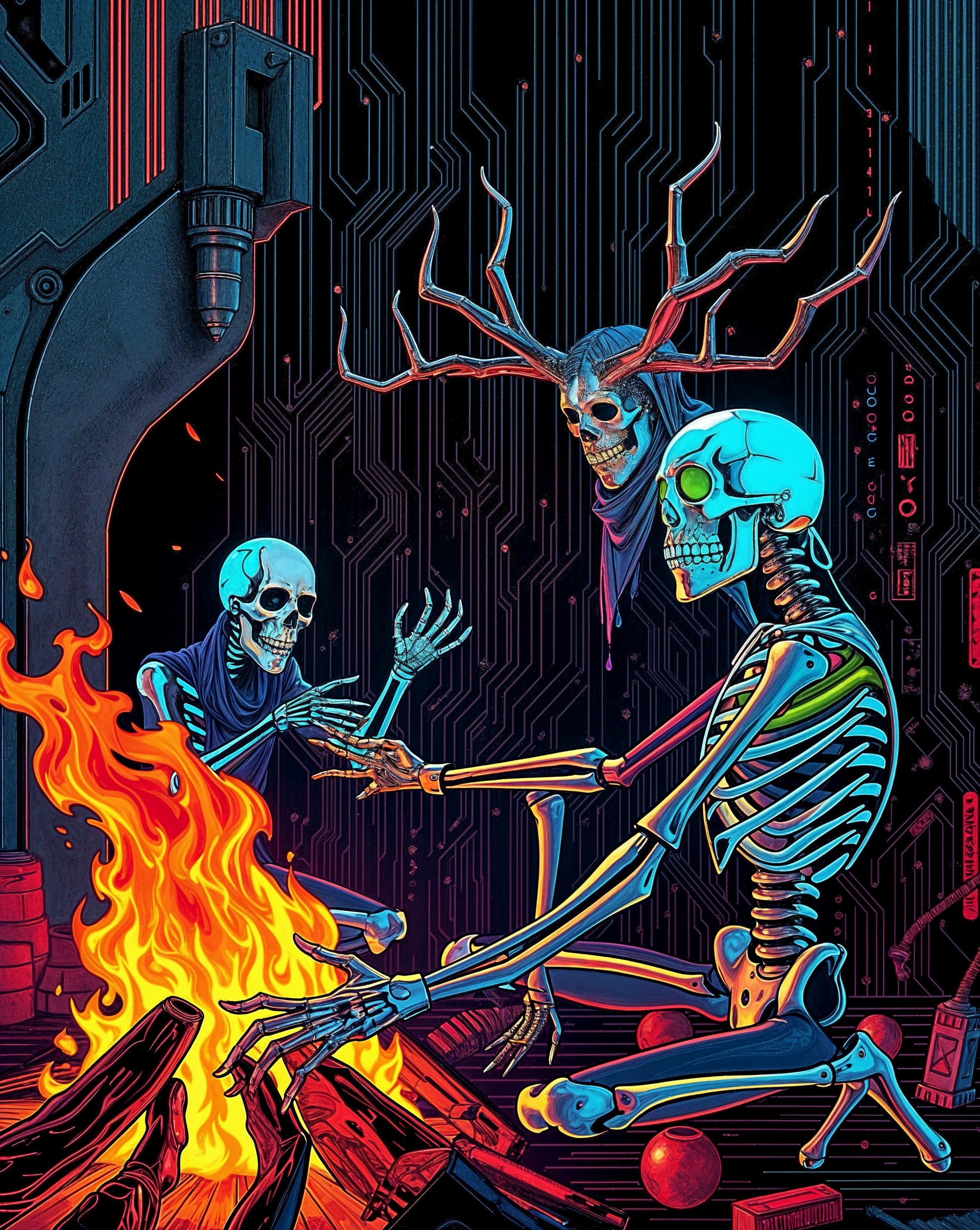 Skeletal Figures by Fire in a Neon Background