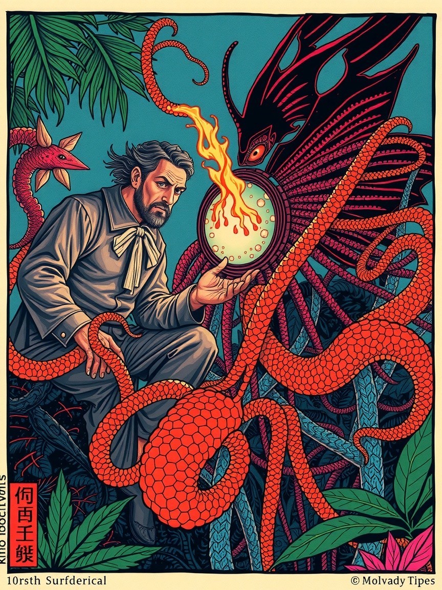 Jungle Scene with Man, Glowing Orb, and Creatures